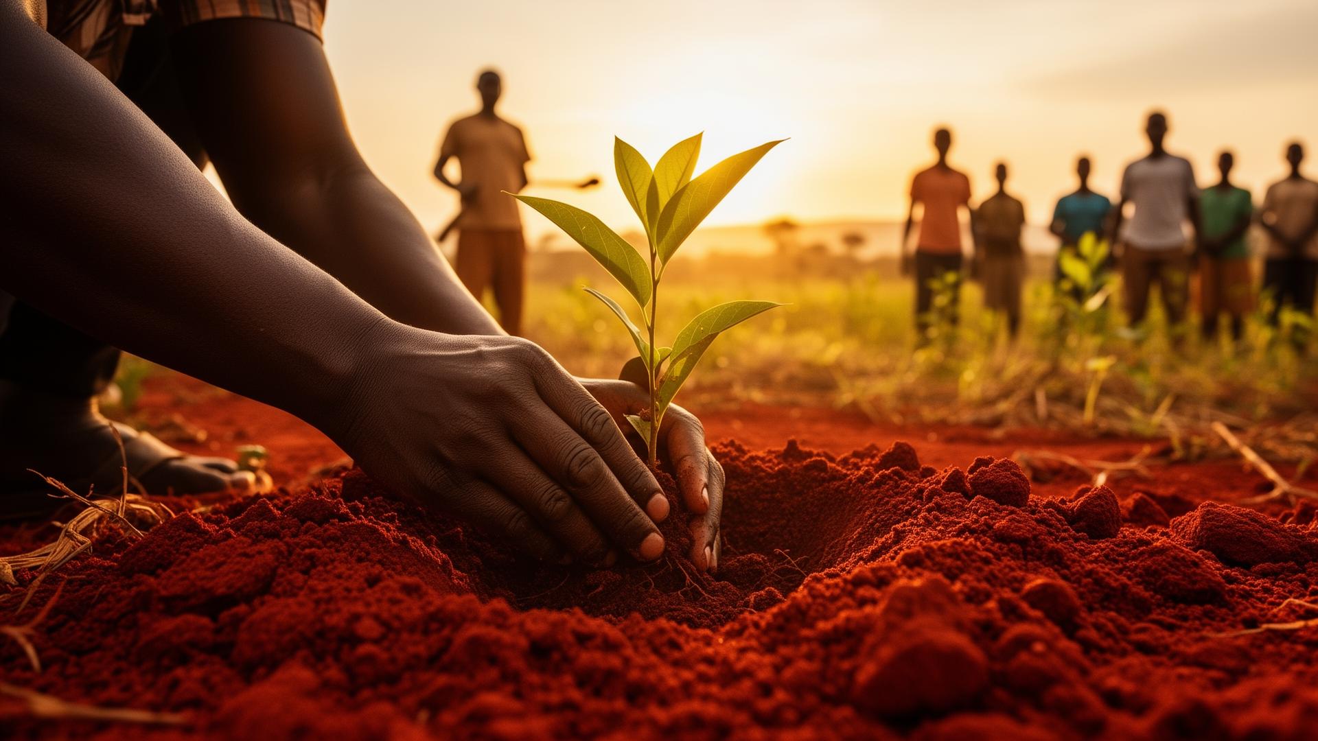 Kenyan hands planting a tree seedling in red soil at sunrise